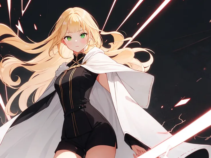 (((hair bangs))) 1 woman, blonde hair, long hair, solo, woman focus,long hair,green eyes, white clothes, black short pants, black cloak, (((pretty woman))), elegant woman, white background, scenery, motherly , darkness, fight pose, holding odachi,dark back...