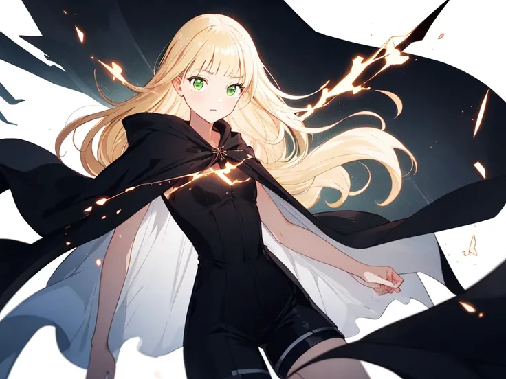 (((hair bangs))) 1 woman, blonde hair, long hair, solo, woman focus,long hair,green eyes, white clothes, black short pants, black cloak, (((pretty woman))), elegant woman, white background, scenery, motherly , darkness, fight pose, holding odachi,dark back...