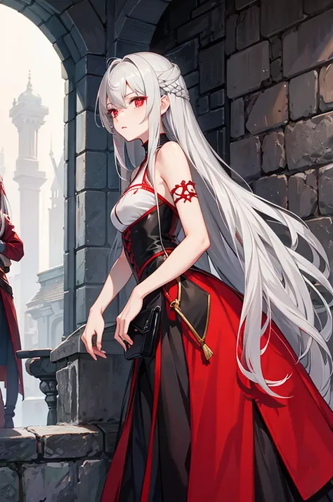 gray hair, red eyes, long hair, female , Balaur , medieval era clothes