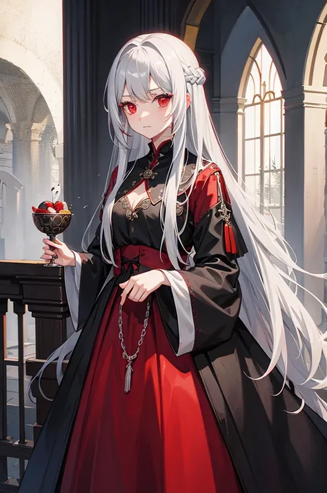 gray hair, red eyes, long hair, female , Balaur , medieval era clothes