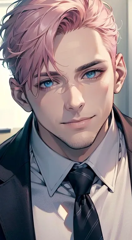 (best quality,4k,8k,highres,masterpiece:1.2),ultra-detailed,(realistic,photorealistic,photo-realistic:1.37),1 man,31 years old,mature man,very handsome,without expression,smile,short  pink hair,blue eyes,penetrating gaze,perfect face without errors,imposin...