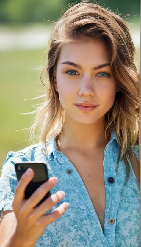 create me photos of a simple, beautiful young woman who takes selfies with her phone. in summer outfit with maximum realism and high image quality. Most sexy