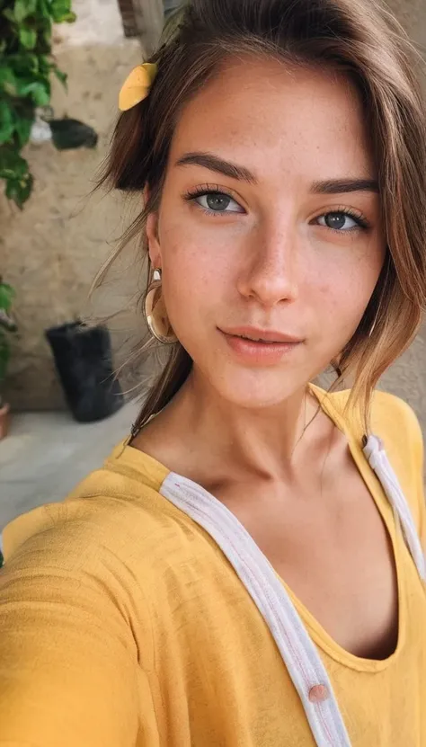 create me photos of a simple, beautiful young woman who takes selfies with her phone. in summer outfit with maximum realism and ...