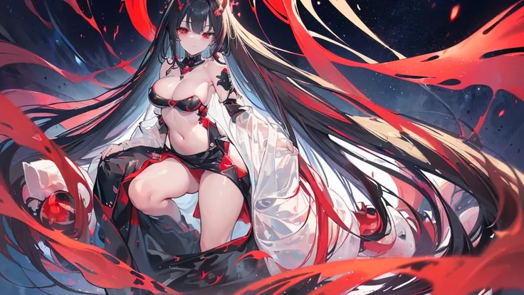 (Exquisite eyes),(Clear and beautiful eyes:1.61),masterpiece, 1 young girl,(Black clothes and some red gems), Black long hair, (She has a huge red gem on her chest), Good Hand,((The Havoc of StarCraft)),full-body shot,Fighting Stance,(Red Eyes:1.466)，short...