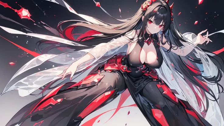 (Exquisite eyes),(Clear and beautiful eyes:1.61),masterpiece, 1 young girl,(Black clothes and some red gems), Black long hair, (She has a huge red gem on her chest), Good Hand,((The Havoc of StarCraft)),full-body shot,Fighting Stance,(Red Eyes:1.466)，short...