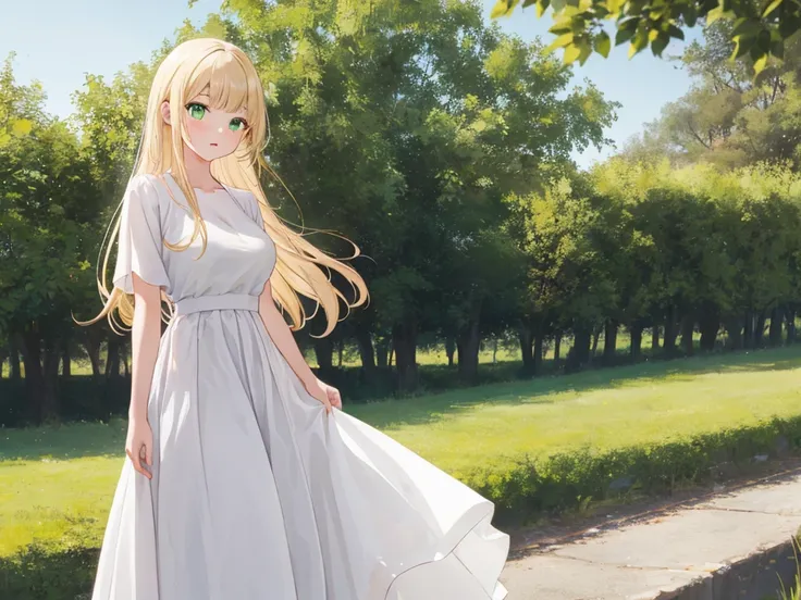 (((hair bangs))) 1 woman, blonde hair, solo, focus, long hair, medium breast, dress, long hair,green eyes, white clothes, black skirt, long skirt, (((pretty woman))), elegant woman, white background, scenery, mature, adult 