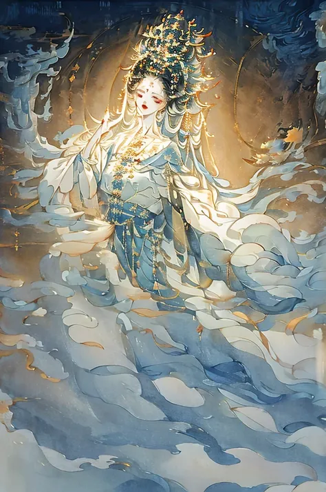 painting of a woman in a white dress with a blue cape, flowing white robes, ancient chinese goddess, goddess of light, guanyin o...