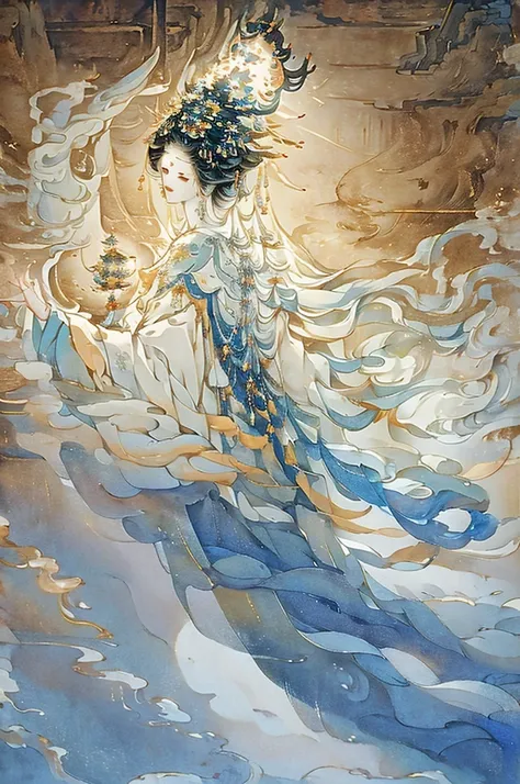 painting of a woman in a white dress with a blue cape, flowing white robes, ancient chinese goddess, goddess of light, guanyin o...