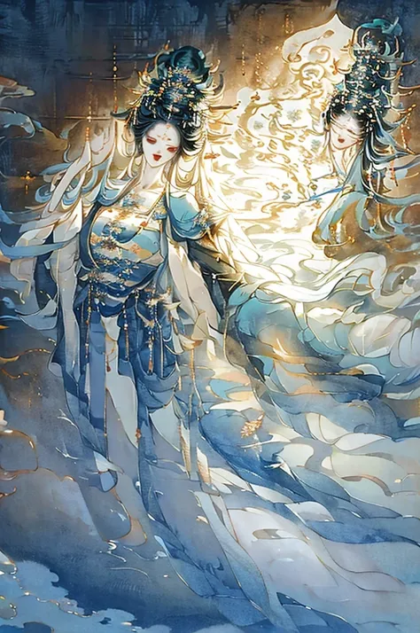 painting of a woman in a white dress with a blue cape, flowing white robes, ancient chinese goddess, goddess of light, guanyin o...