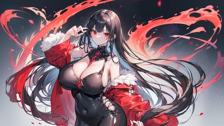 (Exquisite eyes),(Clear and beautiful eyes:1.61),masterpiece, 1 young girl,(Black clothes and some red gems), Black long hair, (She has a huge red gem on her chest), Good Hand,((The Havoc of StarCraft)),full-body shot,Fighting Stance,(Red Eyes:1.466)，short...