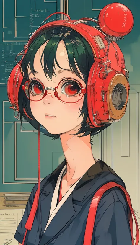 masterpiece, best_quality, 1girl, solo, gumi, school uniform, red eyewear on head,