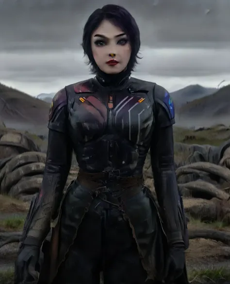 score_9,score_8_up,score_7_up,score_6_up, Trilla,green eyes,black hair, upper body, wet, armor,gloves,black bodysuit,black cape,belt,rain, science fiction,sith base, star wars, outdoors, rain, solo,fflixbag
wearing armor
sabine wren
