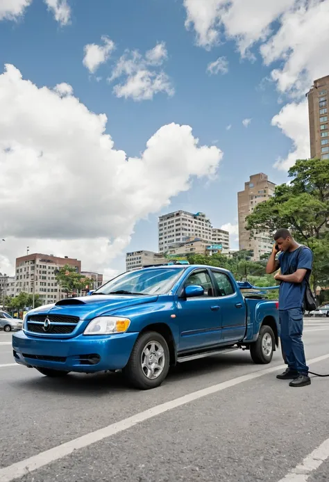 A modern urban scene, with a cloudy sky and tall buildings in the background. In the center of the image, a metallic blue car is parked by the side of the road with its hood open, indicating a breakdown. Beside the car, a casually dressed young man is on t...