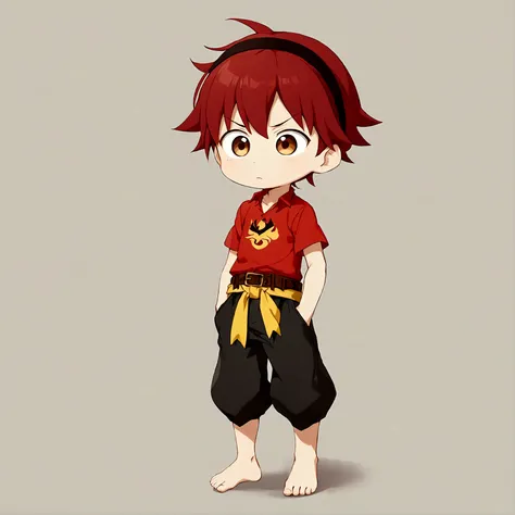 1 boy，Hammerhead，Red hair band，Red Shirt，belt，Black pants，barefoot，Solitary，Anime style