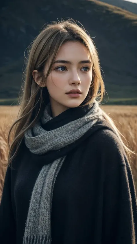 8K, best quality, masterpiece, realistic, ultra detail, photo realistic, Increase quality, 
a photo of a girl standing in a field with a scarf, in the style of dark and brooding designer, voluminous mass, photobash, serene faces, jagged edges, navy, natura...