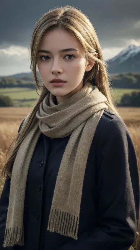 8K, best quality, masterpiece, realistic, ultra detail, photo realistic, Increase quality, 
a photo of a girl standing in a field with a scarf, in the style of dark and brooding designer, voluminous mass, photobash, serene faces, jagged edges, navy, natura...