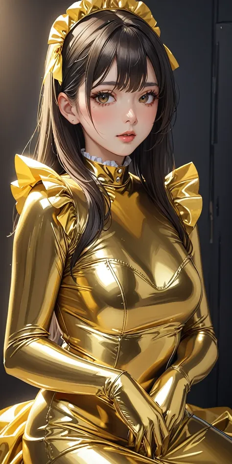 Portraiture、(masterpiece,Highest quality,Ultra-high resolution),Japanese women, (((Very beautiful 25 year old girl))),(Golden Latex Maid Clothing)、((Golden latex long skirt))、(A long-sleeved gold latex shirt covering the upper body)、Golden latex gloves、Gol...