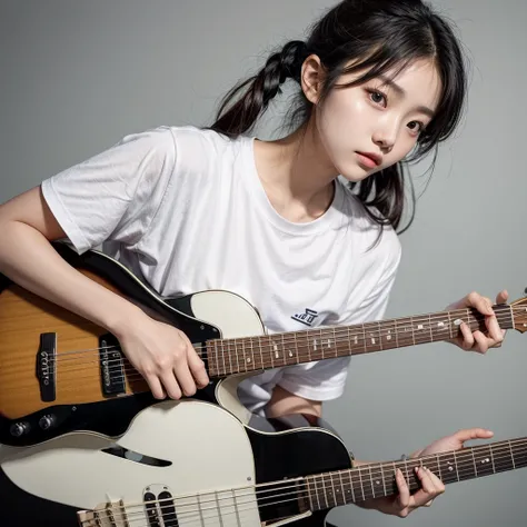 Korean girl. 20 years old. medium black hair. messy hairstyle, medium chest size, medium sleeve size, perfect body, athletic body. wearing a plain white t-shirt with writing "echo", wearing a vest. serious expression looking at the camera. holding a guitar...