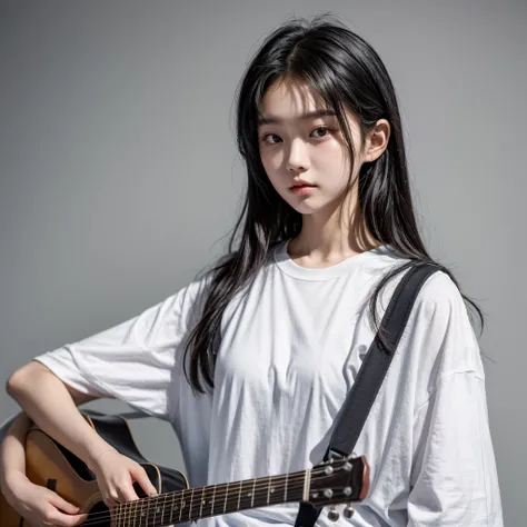 Korean girl. 20 years old. medium black hair. messy hairstyle, medium chest size, medium sleeve size, perfect body, athletic body. wearing a plain white t-shirt with writing "echo", wearing a vest. serious expression looking at the camera. holding a guitar...