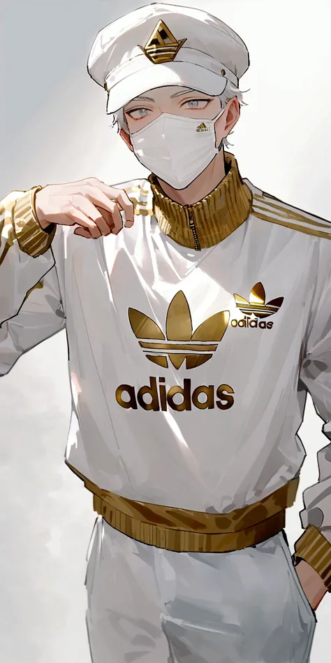 アニメ, masculine, best qualityer, Lean, work of art,White hair, White colored eyes,white and gold adidas clothing and white face mask, white and gold captain&#39;Hat