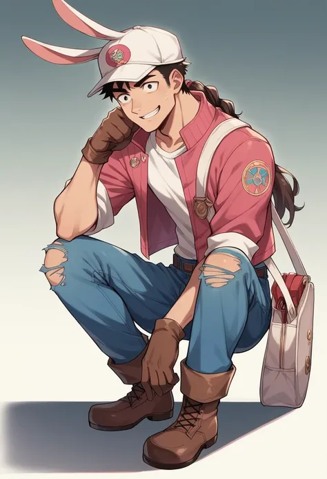 Beastman、Wearing a pink newsboy cap。The top of his newsboy cap is torn, revealing his rabbit ears.。Pink short jacket、Denim shorts、Wearing military boots。He also wears brown gloves on his hands.。Her hair is braided in a ponytail.。messenger bag hanging from ...