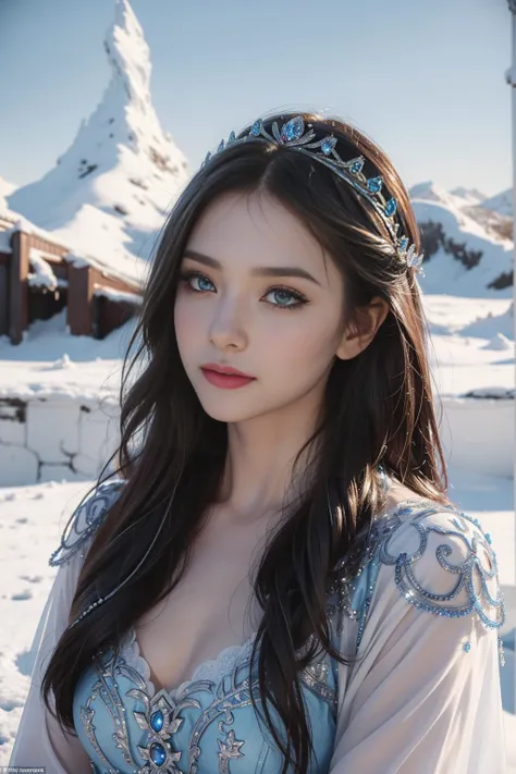 ((top-quality、​masterpiece、photographrealistic:1.4、8K))、a very beautiful woman、18year old、extremely detailed eye and face、beatiful detailed eyes、ice queen、（Fantastic blue dress in medieval European style）、Luxury accessories、graceful face、（Imagine a scene i...