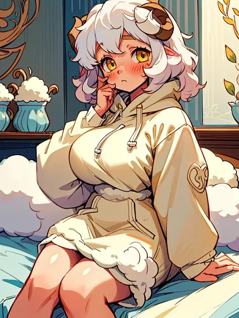 female, short white curly hair, long low-hanging lamb ears, fluffy fur lined hoodie, curvy, shy, blush, fluffy socks, fair skin, sheep girl, yellow eyes, anime inspired, manga inspired, indoors, sitting on bed, soft lines, lamb girl, cute cartoon sheep, so...