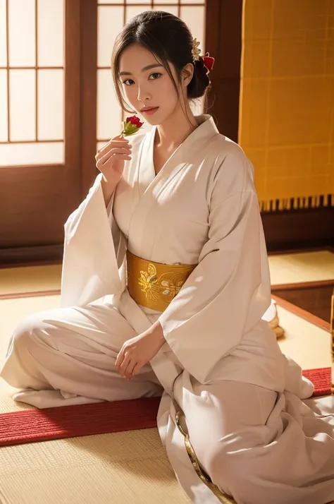 ,Beautiful white kimono、Cinematic atmosphere、Professional composition、Natural Body、fantasy,sitting in front of a golden screen、flower arrangement、tatami、looking at the camera