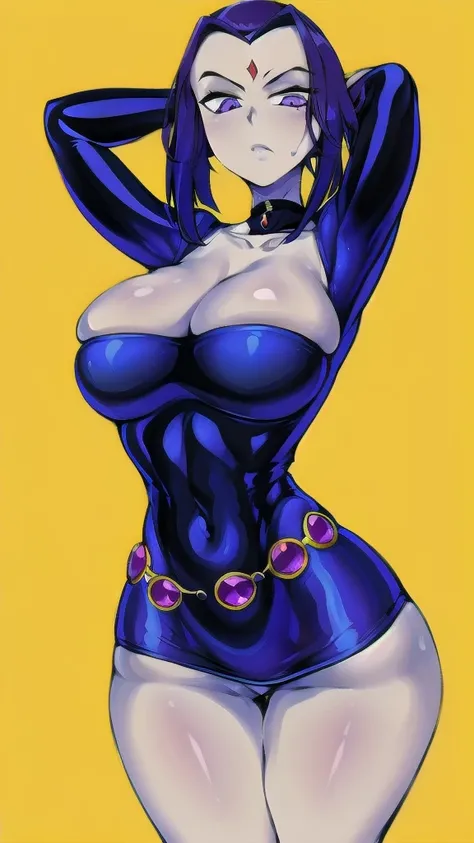 (full body), full body in image, full clothed, raven costume, full raven from teen titans, raven clothes, fusion of raven from teen titans and raven of dc comics, full woman, full body, long hair, female body, curvy body, thicc body, big thighs, voluptuous...