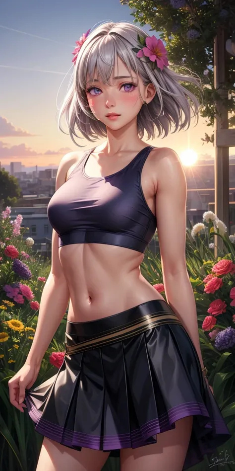 Realistic, One girl, Gray Hair, Purple eyes, Glowing Eyes, Crop top, skirt, Part your lips, blush, night, Flowers, sun, sunlight,