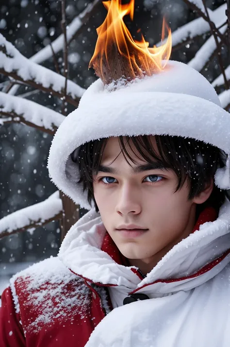 Winter prince red eyes in snow with fire