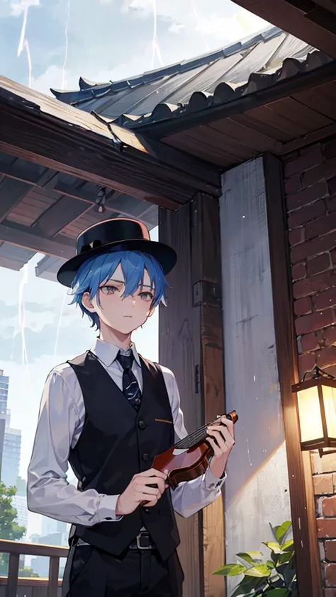 阴沉的rainstorm天，rainstorm，Under the eaves，A handsome man，Wearing a black vest，Wearing a bowler hat，White shirt，(Short light blue hair:1.05)，(Off-white eyes)，((There is a scar on the left cheek:0.8))，(Melancholy)，(nervous)，Holding a classical guitar，坐在Under t...