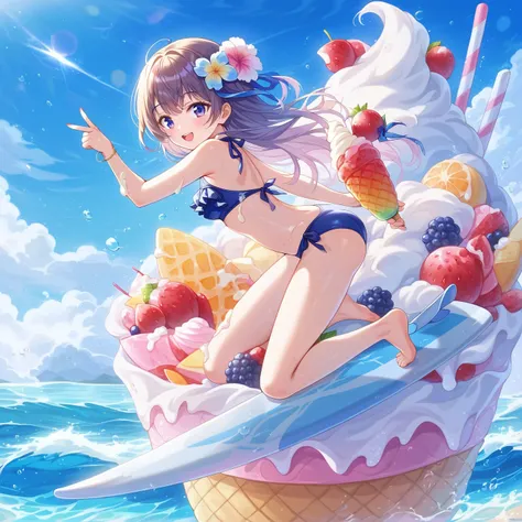 masterpiece, best quality, high resolution, extremely detailed CG, absurdres, highres, 1girl, solo, a girl in swimsuit surfing with a surfboard on top of ice-cream, soft cream,fruits, summer,happy