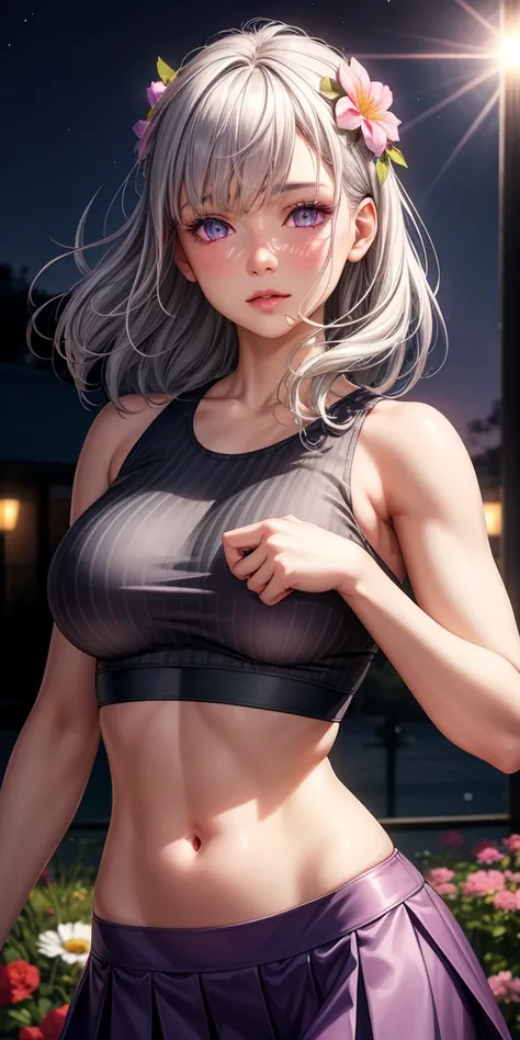 Realistic, One girl, Gray Hair, Purple eyes, Glowing Eyes, Crop top, skirt, Part your lips, blush, night, Flowers, sun, sunlight,