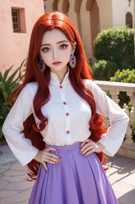 Disney princess big eyes sun earrings long red hair white with sardines outfit with purple skirt and a sun shirt pink and blue nails basic makeup