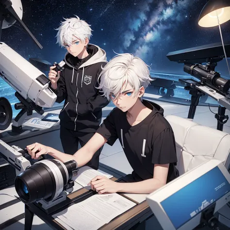 17 years old male teenager astronomy student with white hair and blue eyes with a telescope 