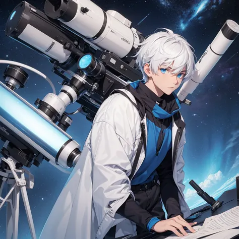 17 years old male teenager astronomy student with white hair and blue eyes with a telescope 