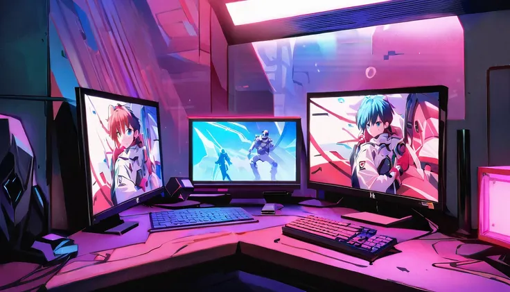 chinese astronauts，chinese astronauts明日香雕像，red eva-02 wallpaper，two monitors stand，gaming equipment on the table，white gloves ch...