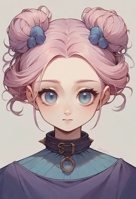 1 girl，Q version，Dark blue purple clothes，collar，Light blue hair，Pink hair accessories，Exquisite facial features，Gentle and beautiful，Gray-blue pupils，Bright colors，Positive Characters，Double bun