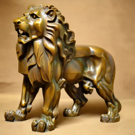 Lion sculpture in bronze by Szukalski,standing,gazing at viewer,standing alone,whole body,, (work of art, best qualityer, high qualiy, high resolution, ultra detali),
