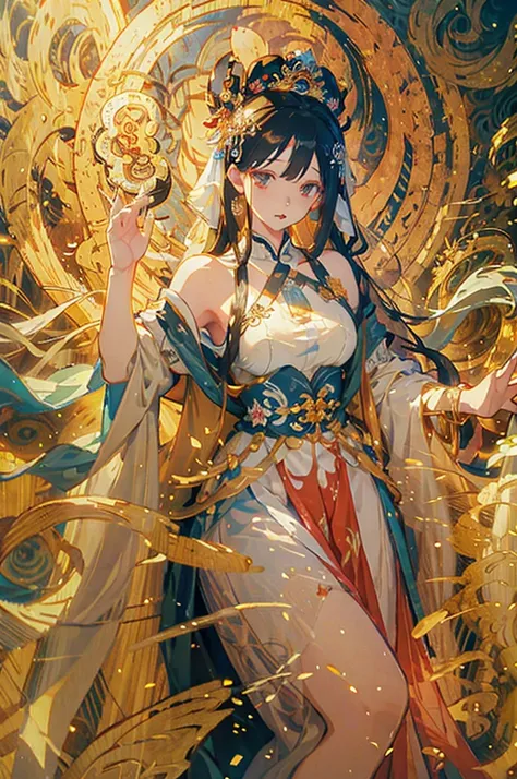 painting of a woman in a white dress with a blue cape, an ultrafine detailed painting by Yang J, Artstation, fantasy art, flowing white robes, ancient chinese goddess, goddess of light, guanyin of the southern seas, queen of the sea mu yanling, a beautiful...