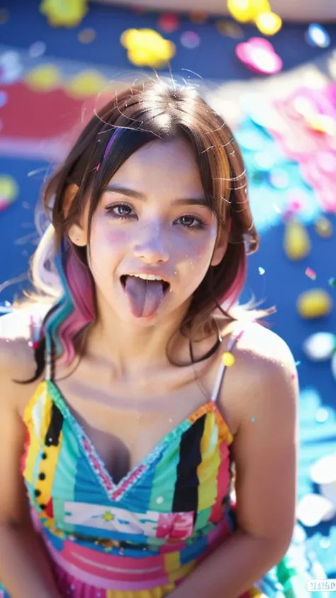 original photo, sparkle make-up, realistic wet cute british girl holding a vanila ice cream cone, sticking her tongue out, 1 girl, sundress, (colorful hair:1.4), (hair covering face:1.3), cinematic lighting, sunlight exposure and dynamic shadow, (confetti ...