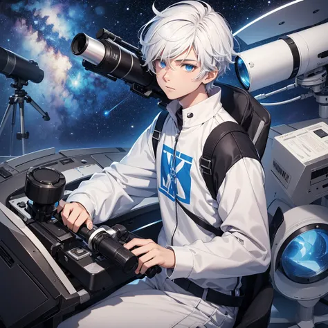 17 years old male teenager astronomy student with white hair and blue eyes with a telescope, alone