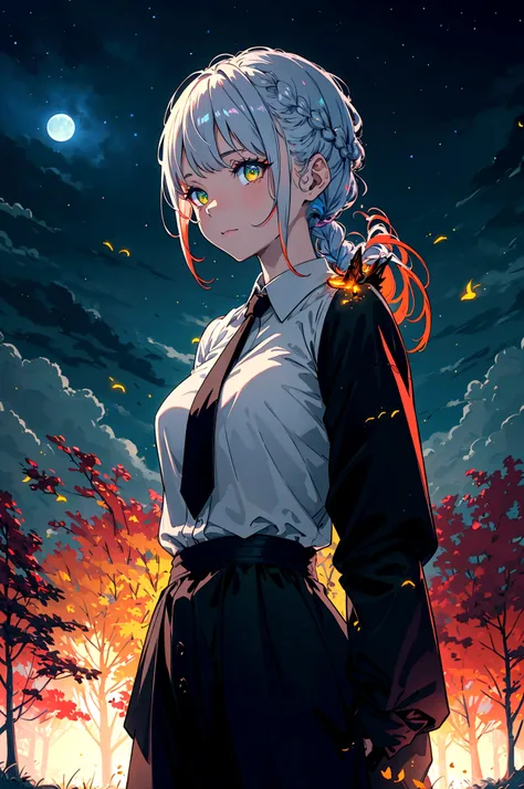 makima, braided ponytail, ringed eyes, red hair, yellow eyes, collared shirt, black necktie, black pants, black coat, cowboy shot, facing viewer, hands behind back, dark background, blood on shirt, light smile, glowing eyes, wide eyes, darkness, silhouette...