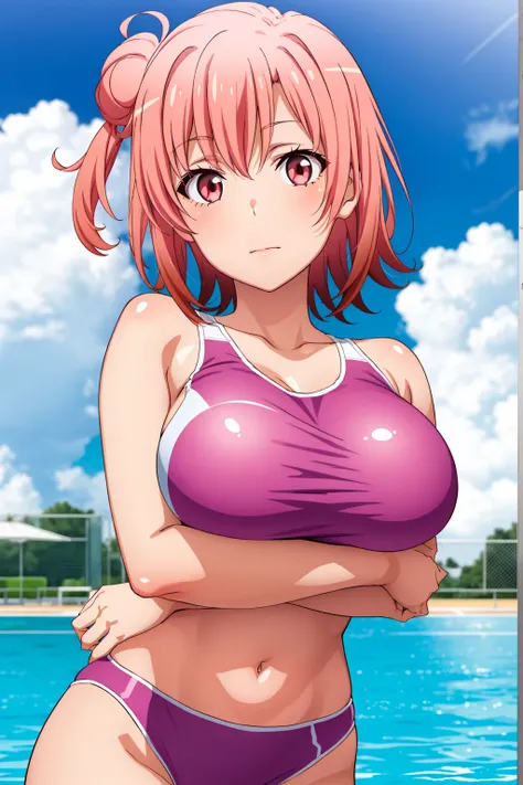 highest quality, High resolution, perfect pixel, Depth of the bounds written, 4k, beautiful anime girl, perfect body, 
looking at the viewer, 
Yuigahama Yui, 1 girl, short hair, pink hair, hair bun, pink eye, 
large breast, 

1girl, competition swimsuit,