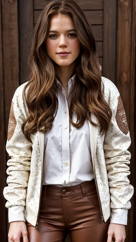 a young caucasian woman with long brown hair wearing a beige and white patterned jacket, a white shirt, and brown leather pants