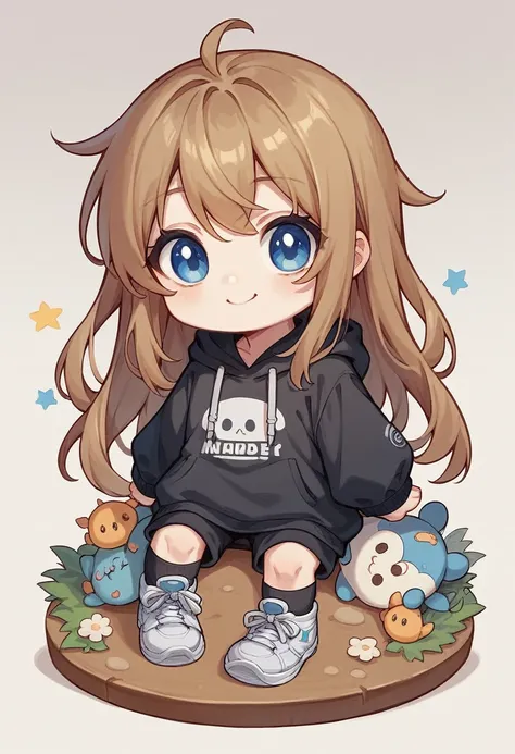 Chibi figurine, merch, girl, cute, pale skin, brown long hair, long bangs, blue eyes, black hoodie, black pants, black socks, white sneakers, smiling.