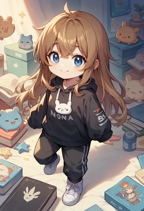 Chibi figurine, merch, girl, cute, pale skin, brown long hair, long bangs, blue eyes, black hoodie, black pants, black socks, white sneakers, smiling.