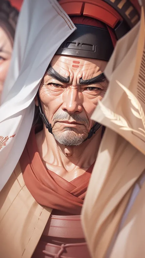 Realistic ultra HD close-up portrait，A samurai wearing a war mask, Wrinkles ,Facial expressions show strong emotions