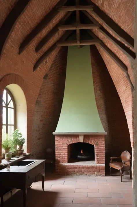 interior of a brick tower, vaulted ceiling, 1 grande ouverture vers un jardin très vert, a fireplace with meat cooking